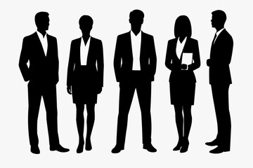 Vector silhouettes of men and a woman, a group of standing business people, profile, black color isolated on white background