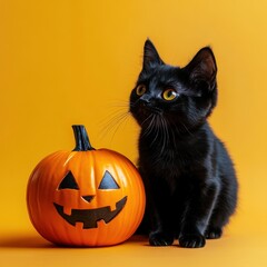 Cute black cat and pumpkin Halloween on orange background.