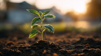 Save the planet theme with close-up of new plant growing in fertile soil during sunrise..