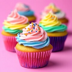 Delicious cupcakes with colorful cream on pink background, closeup with space for text