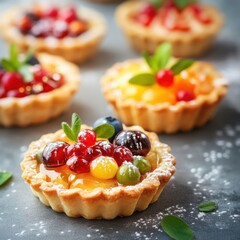 Tartlets with delicious berry filling on grey table, close-up with space for text
