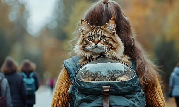 Woman carrying fluffy cat in a backpack bubble carrier outdoors in autumn.