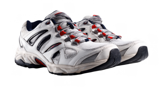 White running shoes with red and blue details are positioned on a transparent background, ready for action, suggesting concepts of fitness, sport, and an active lifestyle