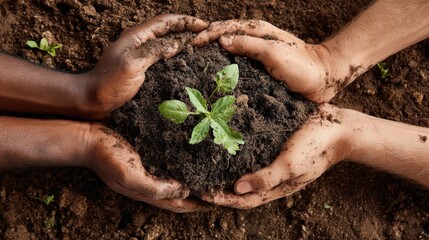 Soil, plant, and people hands coming together for sustainable innovation and eco-growth..