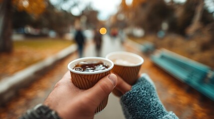 Takeaway coffee shared between two friends on a chilly day, focus on man's toasting hand..