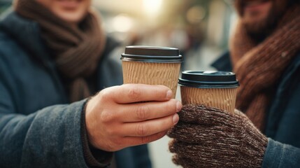 Takeaway coffee shared between two friends on a chilly day, focus on man's toasting hand..