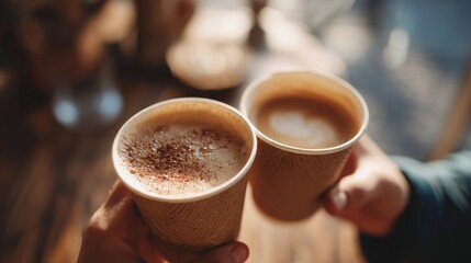 Two young friends toasting cappuccino in takeaway cups at cozy cafe, focus on mane hand..