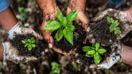 United hands of employees cultivating plant, highlighting community effort for a better planet..