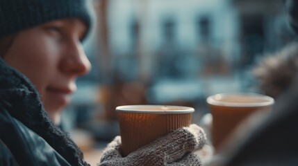 Winter cafe vibes with two young friends clinking cups, highlight on man hand and cup texture..