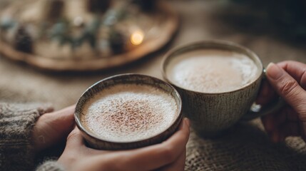 Winter coffee moment with warm cappuccino in hands, soft retro tones, friends bonding..