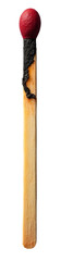 Single burnt matchstick rests on transparency background, its purpose fulfilled