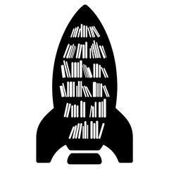 Silhouette of bookshelf shaped like rocket ship, science fiction storage idea