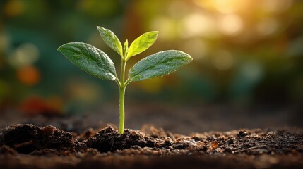 Young green plant sprouting from soil under warm sunlight, symbolizing hope and environmental renewal..