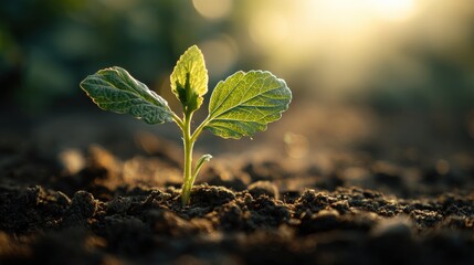 Young green plant sprouting from soil under warm sunlight, symbolizing hope and environmental renewal..
