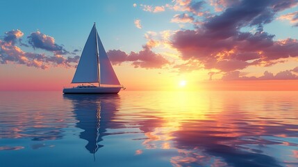 Realistic Sailboat on Calm Horizon During Stunning Sunset Photography