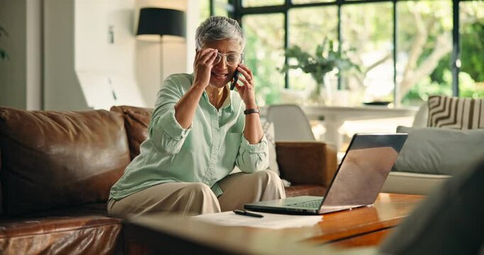 Phone call, online and laptop with old woman on sofa for retirement savings, virtual consultant and audit. Insurance report, contact and annuity fund with person talking in living room of home
