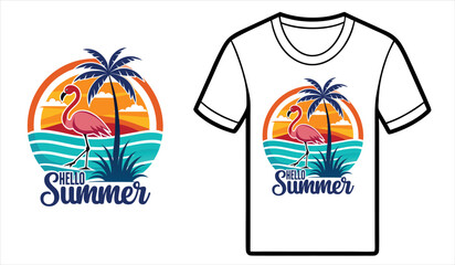 Hello summer t shirt design flamingo palm tree sunset isolated on white background