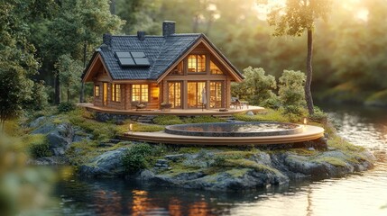 Fototapeta premium Cozy Eco-Friendly Cabin by the Lake in Summer Sunlight