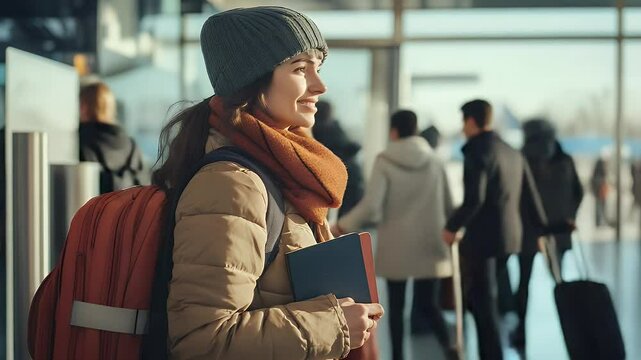 Young Woman Traveler with Backpack in Airport Terminal