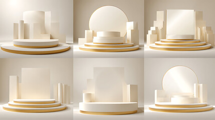 Minimalist exhibition space with geometric podiums and abstract structures, softly lit background