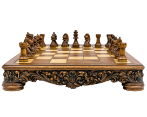 Intricate chess set with carved base, pieces ready