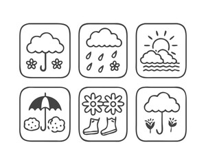 Rainy Season SVG Icon Set — A charming collection of minimalist line icons featuring umbrellas, rain boots, puddles, clouds, and raindrops.