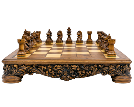 Intricate chess set with carved base, pieces ready