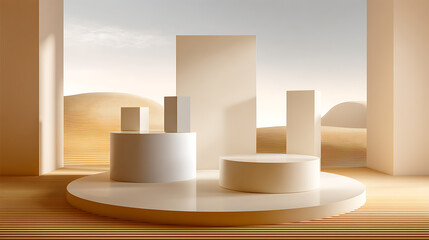 Minimalist display of geometric shapes on a stage in a serene desert landscape