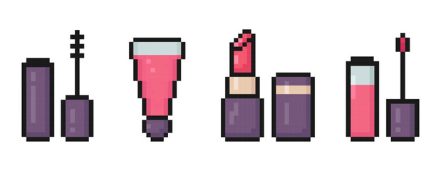 cosmetics pixel art set of icons, makeup products, mascara, lipstick, lip balm, 8 bit, old arcade game style, icons for mobile app, retro, vector illustration