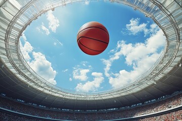 A basketball soars over a packed stadium, framed by blue sky and clouds. It's perfect for conveying sports excitement, victory, or teamwork.