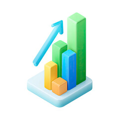 3D Colorful Bar Chart with Arrow Showing Growth on Transparent Background