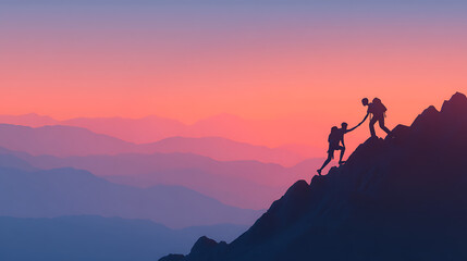 Two climbers ascend a rocky mountain at sunset, surrounded by layered mountain ranges
