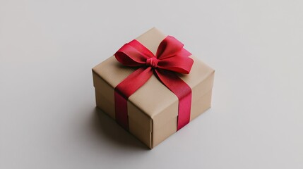 Delightful wrapped gift box embellished with a vibrant red ribbon resting gracefully on a pristine white background