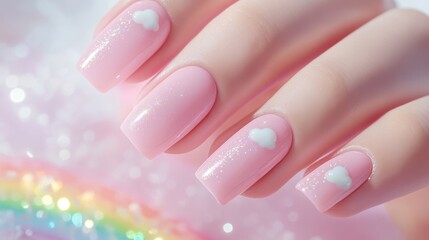 Glossy pastel pink nails decorated with tiny white clouds and rainbow accents, illuminated in soft light against a clean white backdrop