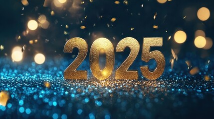 Celebrate joyfully with a stunning 3D golden 2025 surrounded by sparkling lights and a luxurious glittery backdrop for the New Year festivities