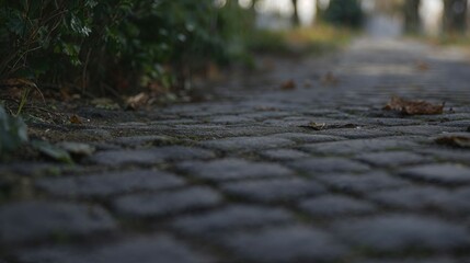 Generative AI, Cobblestone walkway with autumn leaves and greenery