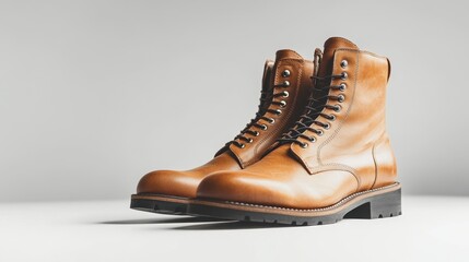 Striking leather boots showcased in a clean, minimalistic product display perfect for highlighting craftsmanship and style