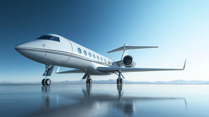 Luxury business jet parked elegantly on polished tarmac beneath a clear blue sky, showcasing its sleek design and immaculate finish in stunning detail
