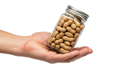 Isolated Hand Holding Jar of Peanuts