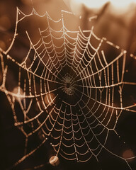 Close-up of a dew-covered spider web against a golden morning light