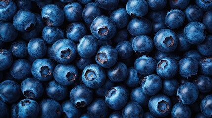 Vibrant and plump blueberries create a natural canvas of deep blue tones, inviting attention with their soft texture and enticing freshness