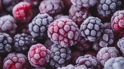 Frozen mixed berries create a mesmerizing tapestry of icy textures and vibrant colors, captivating the senses with their cold aesthetic and ultra-realistic details