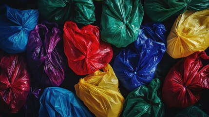 Colorful chaos of tightly tied plastic garbage bags creates a vibrant tapestry against a dark background, showcasing bold hues and intricate arrangements