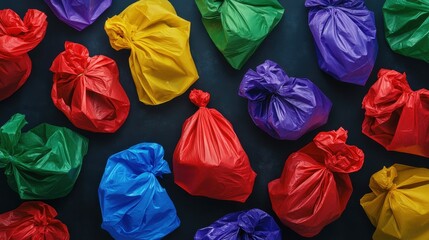 Colorful chaos of tightly tied plastic garbage bags creates a striking visual on a dark backdrop showcasing bold hues