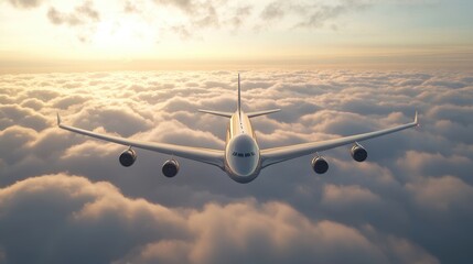 Majestic commercial airplane soaring through golden skies, revealing intricate details under soft light during tranquil golden hour above the clouds