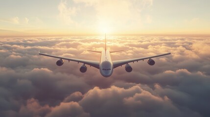 Commercial aircraft soaring above fluffy clouds during golden hour, capturing the stunning interplay of light and dramatic sky