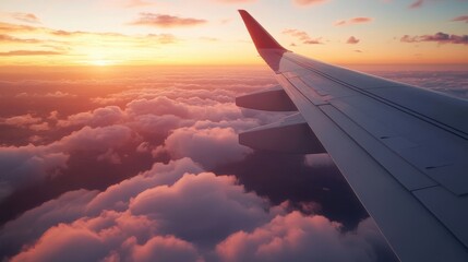 Breathtaking sunrise view from an airplane window, showcasing soft golden hues and serene cloud formations, capturing a moment of tranquility in the sky