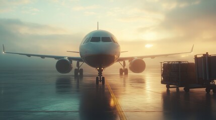 Mysterious early morning fog envelops an airplane parked on the tarmac, surrounded by baggage carts in a serene and detailed atmosphere