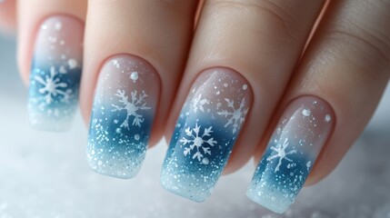 Elegant winter-inspired nail art showcasing icy blue tones and intricate snowflake designs for a frosty and chic aesthetic