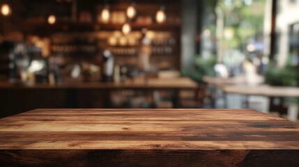 Warm wooden tabletop inviting moments of relaxation in a cozy coffee shop setting with blurred modern decor